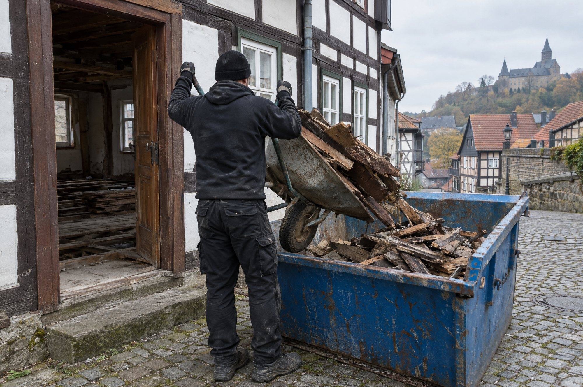 Mitarbeiter kippt alte Dielen aus der Schubkarre in den Container vor einem Fachwerkhaus