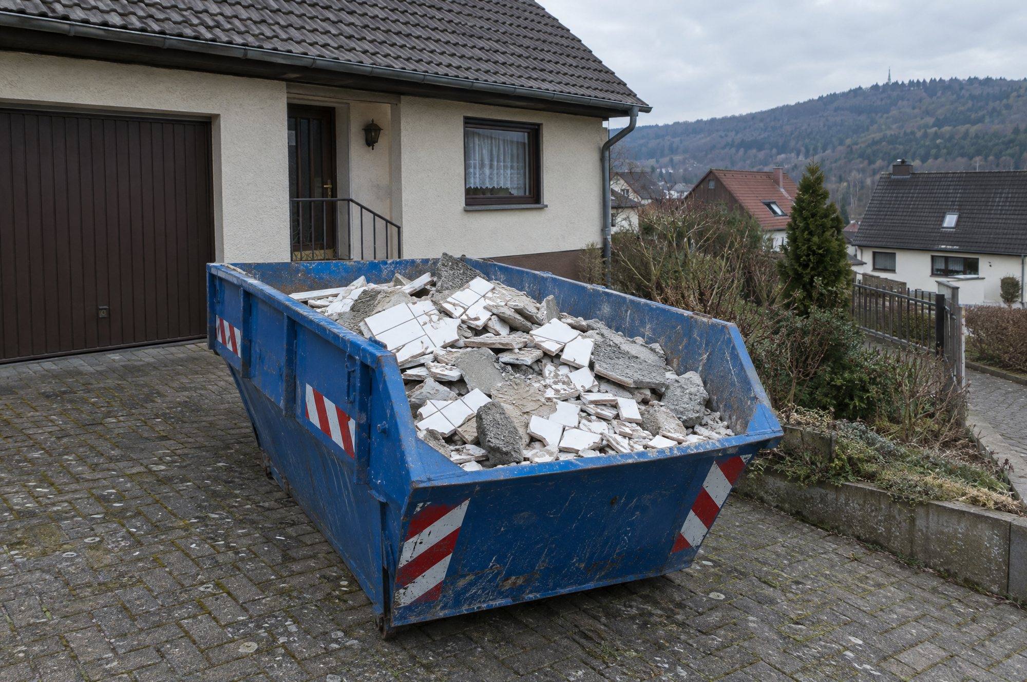 Blauer Container mit Fliesen und Estrichbrocken in der Einfahrt eines Einfamilienhauses