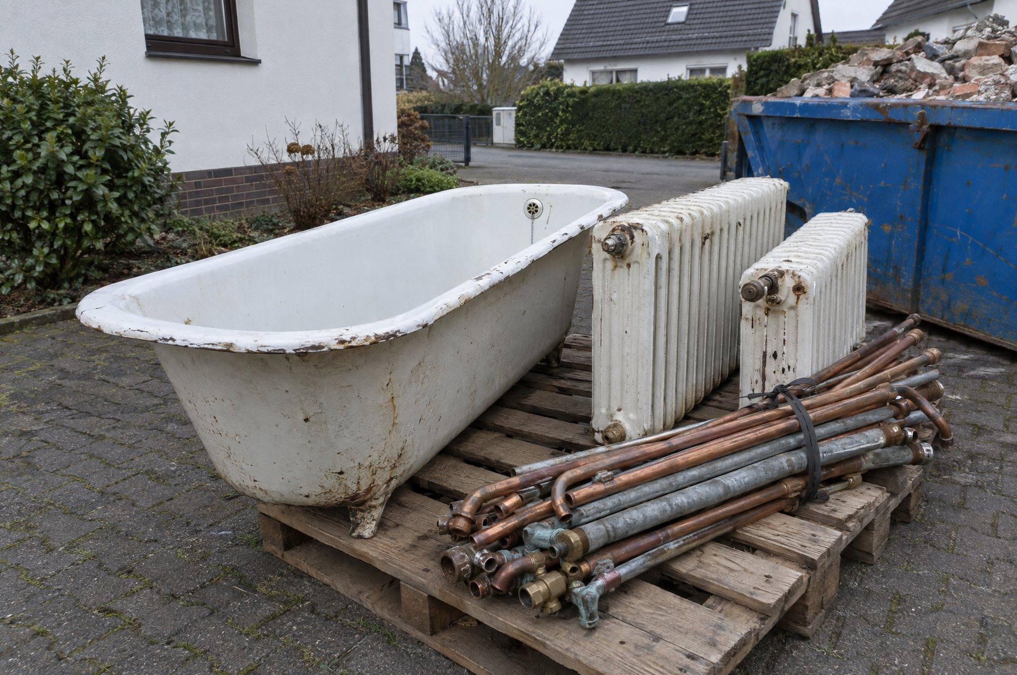 Alte Gusswanne, Heizkörper und Rohre auf einer Palette, getrennt vom Bauschutt