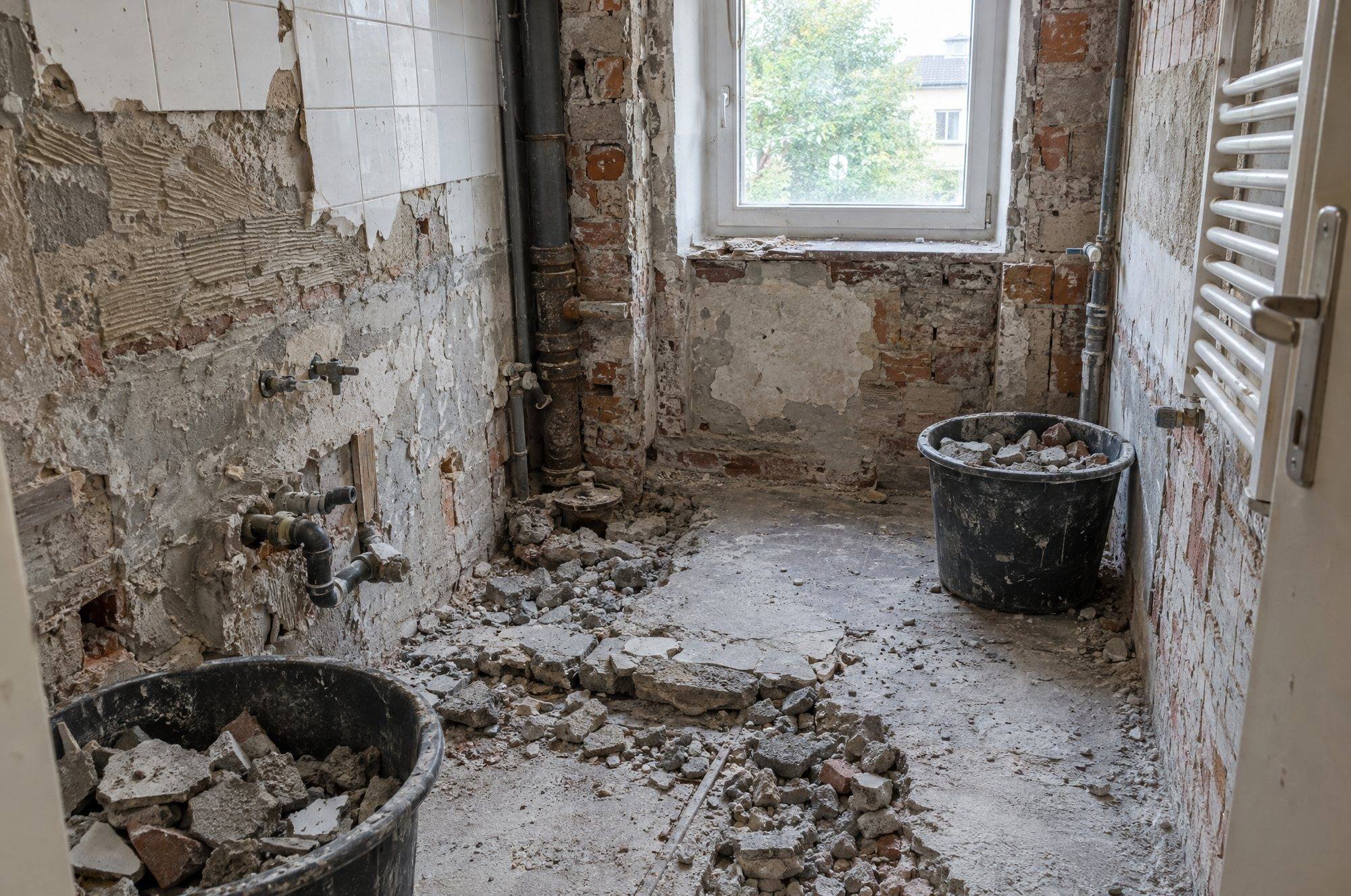 Bad im Rückbau: Fliesen abgeschlagen, Estrich aufgebrochen, Schutt in Eimern