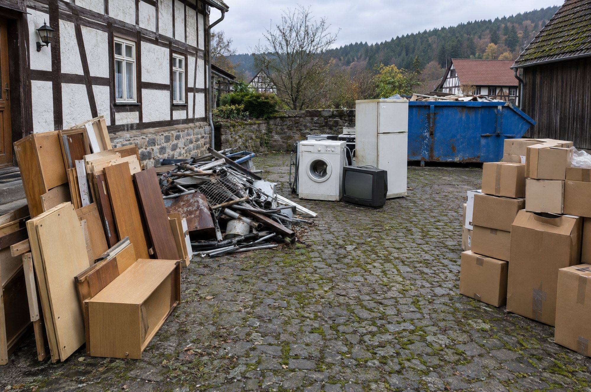 Im Hof sortierte Stapel: Möbelholz, Metall, Elektrogeräte und Kartons, dahinter ein Container