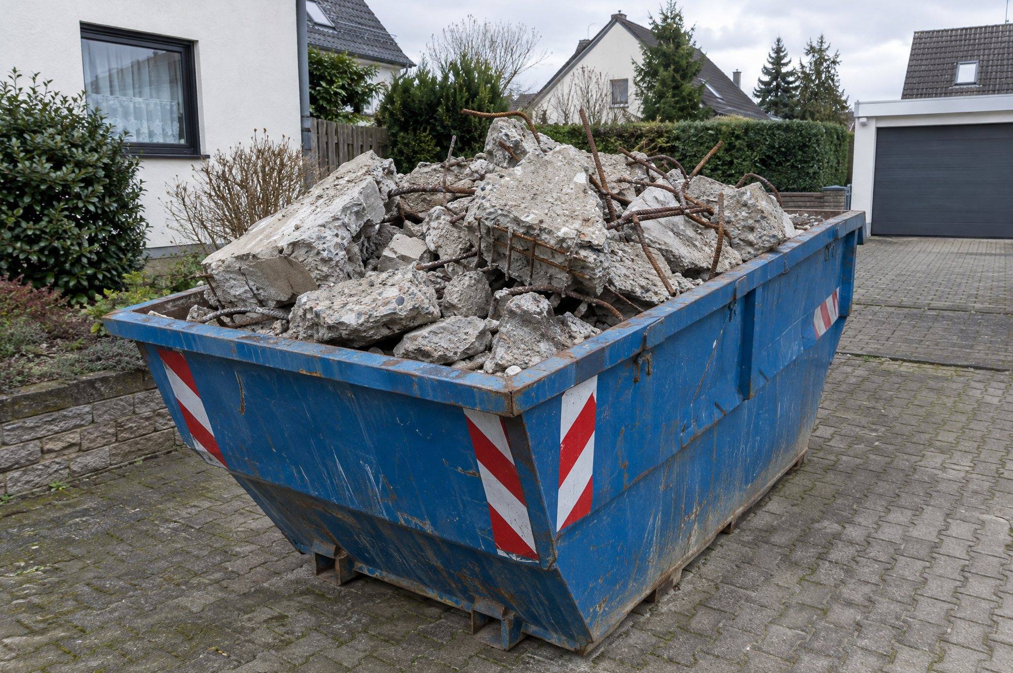 Container mit Betonbruch und freiliegender Bewehrung in einer Einfahrt