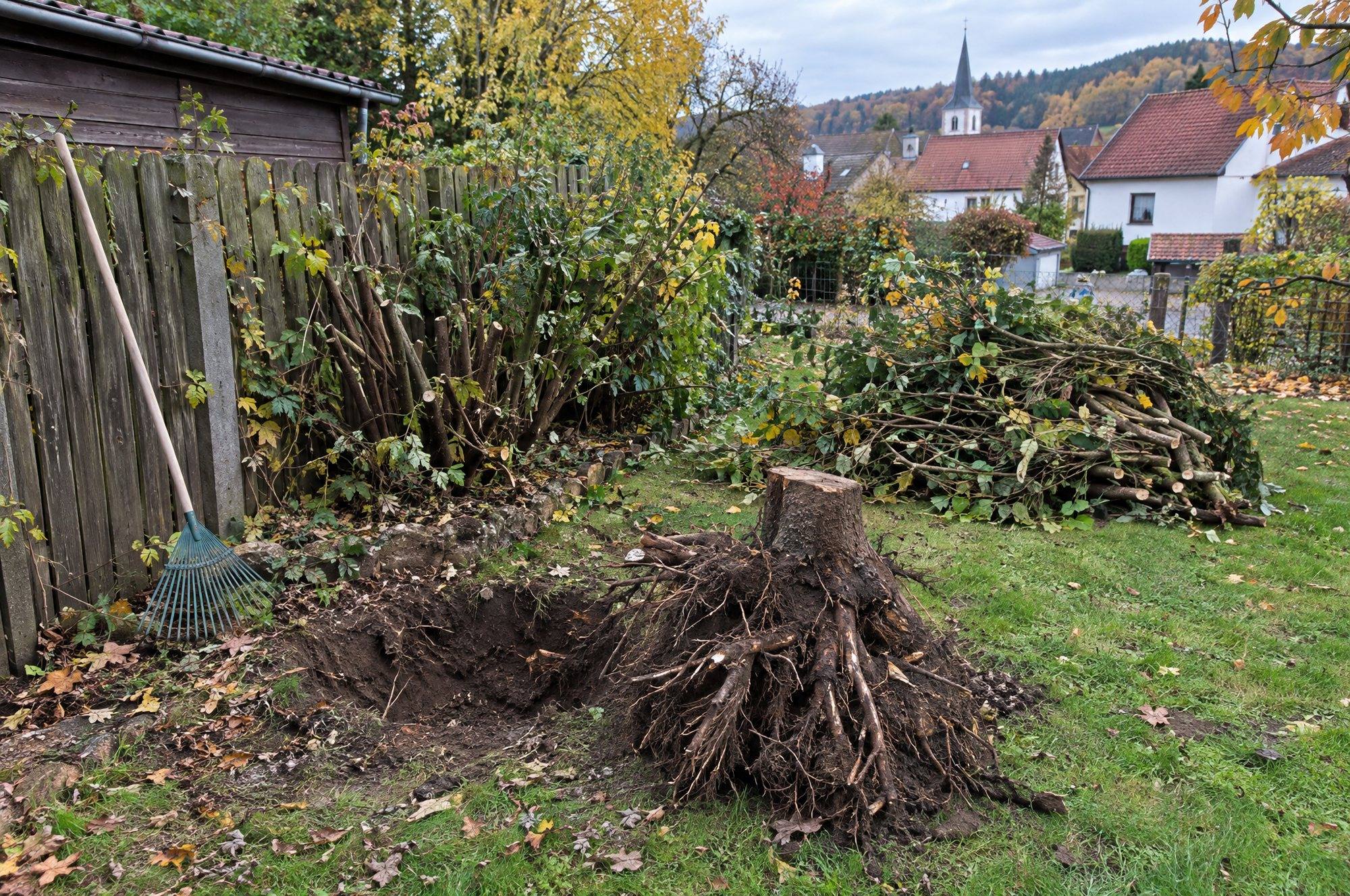 Ausgegrabener Wurzelstock und gestapelte Äste in einer gerodeten Gartenecke
