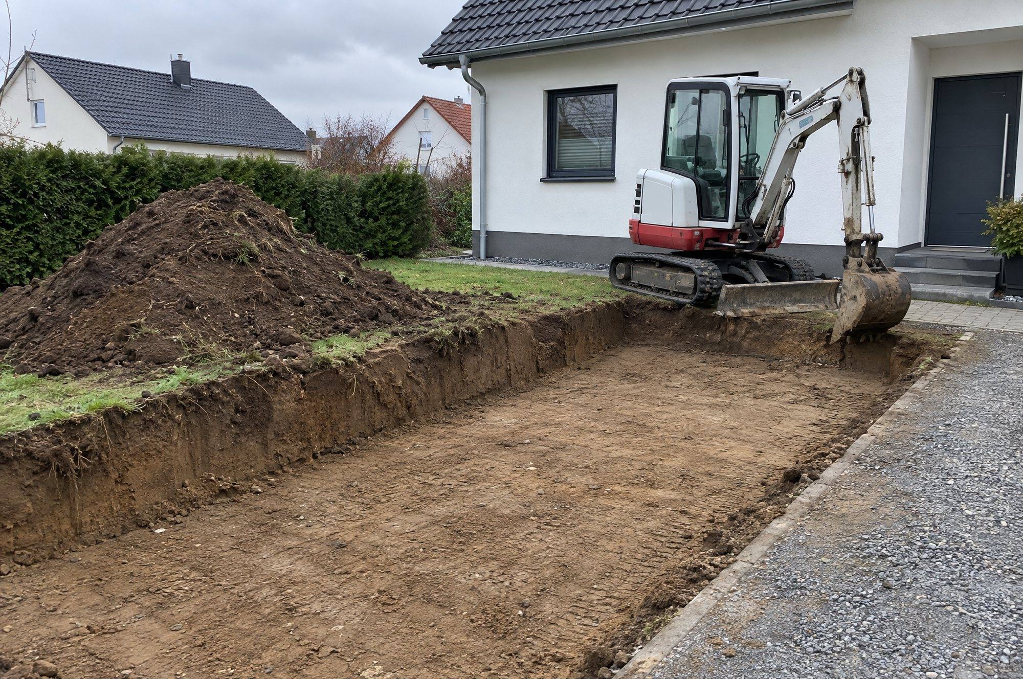 Ausgekofferte Fläche für einen Stellplatz vor einem Einfamilienhaus, daneben ein Minibagger
