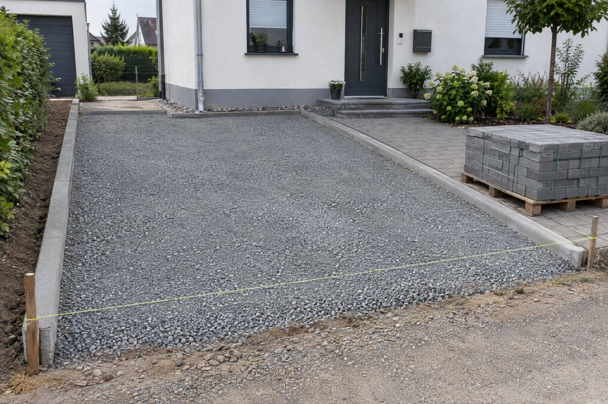 Fertiger, verdichteter Schotterunterbau mit Randsteinen und Schnur, daneben Pflastersteine
