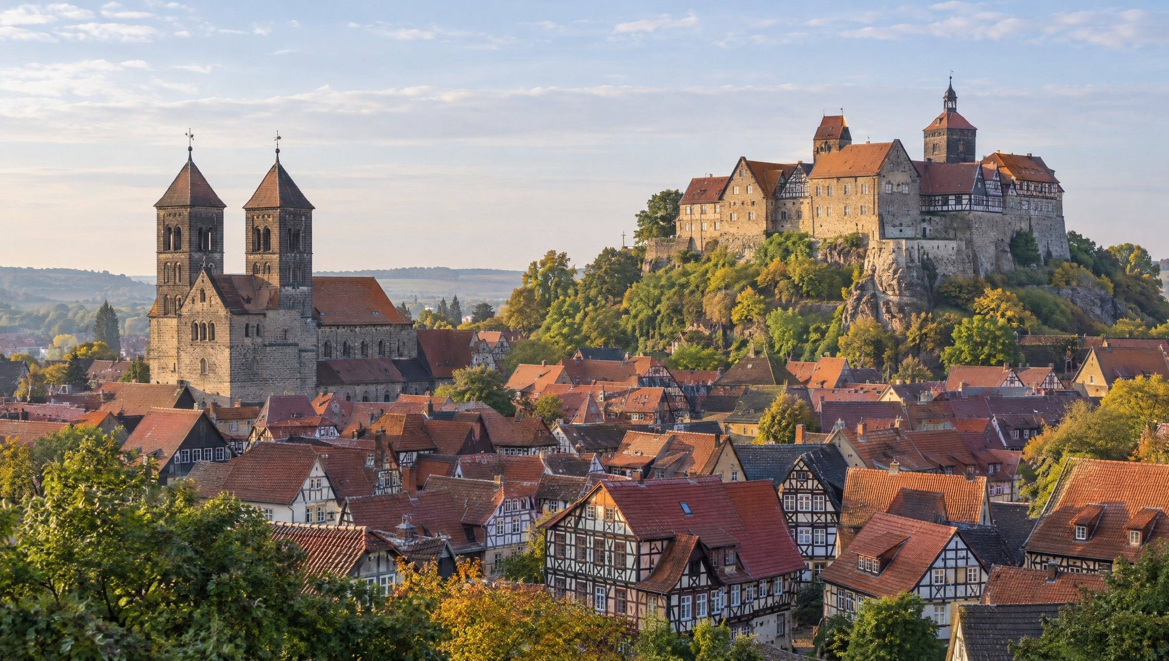Quedlinburg mit Stiftskirche und Schloss über der Fachwerk-Altstadt