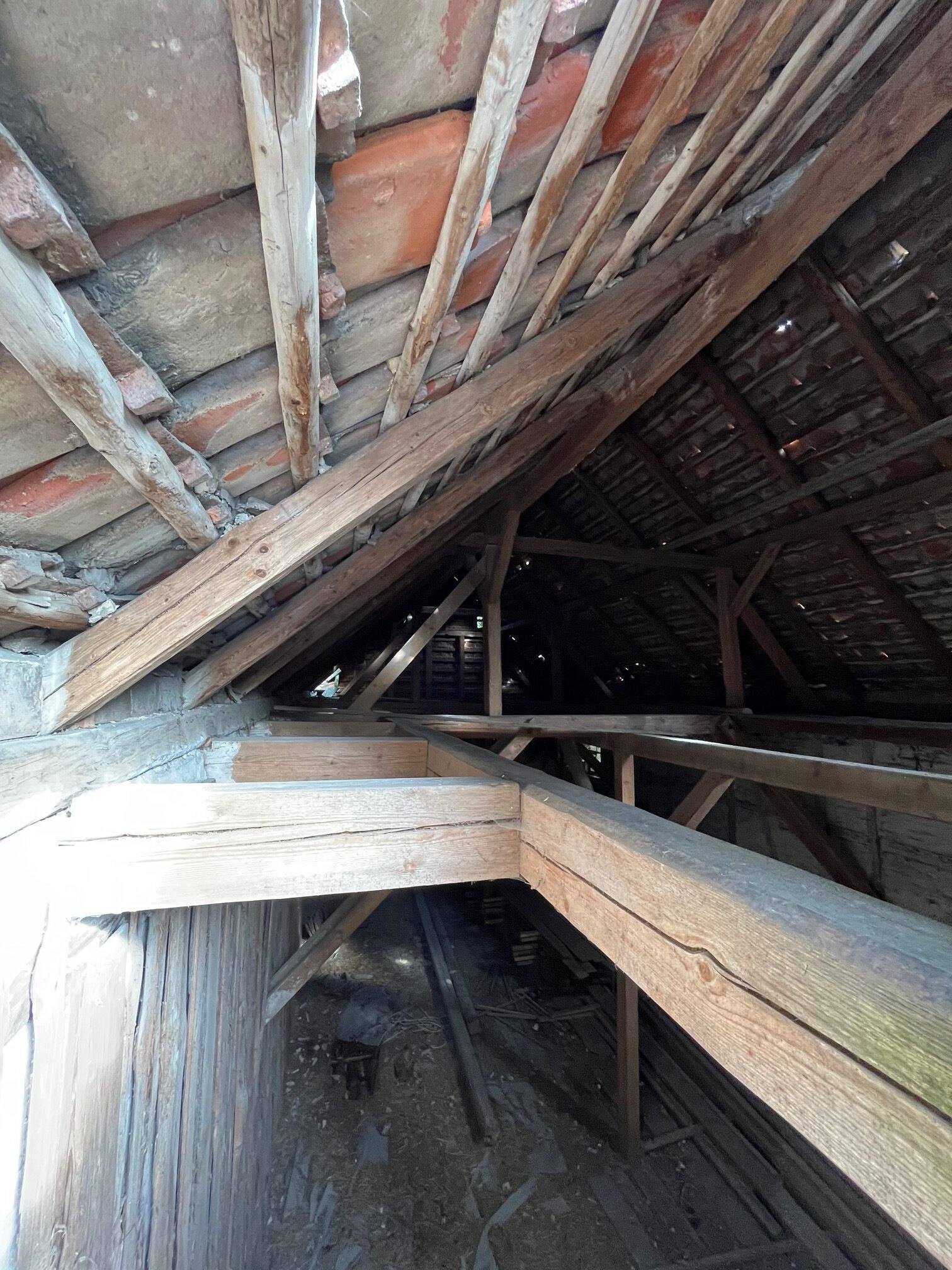 Blick von innen auf das abgedeckte Dach, Ziegel und Latten teilweise entfernt